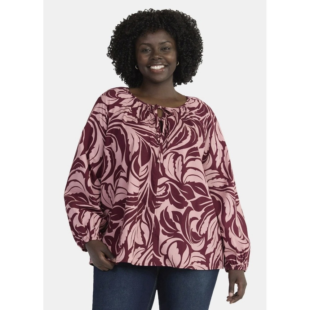 Terra & Sky Women's Plus Size Tie Front Blouse with Long Sleeves, Size 2X‎